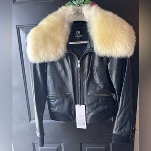 FURNIG Leather Jacket with Cream Fur Collar